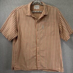 Men’s Large Plaid Orange & White Columbia Button Down Short Sleeve Shirt
